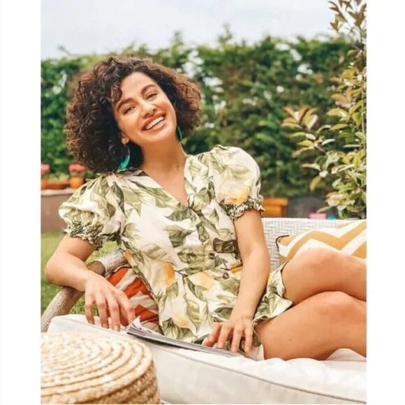 H&M Linen Blend Mini Dress S Lemon Leaf Print Cotton Blogger Fav Summer Vacation - Picture 2 of 14